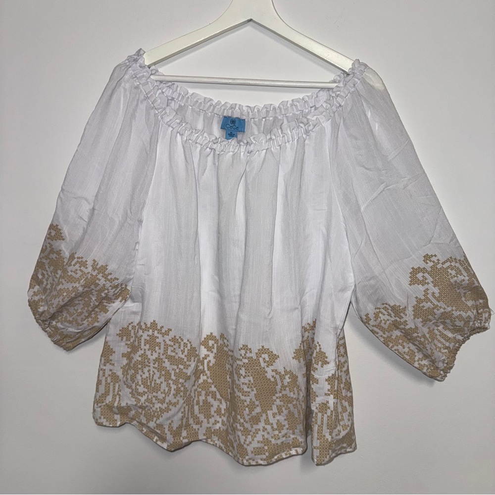 CeCe‎ Off Shoulder Blouse White Brown Print XL